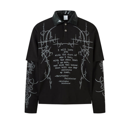 Gothic Print Fake Layered Waffle Long Sleeve T-Shirt WN21030