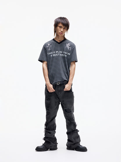 V-Neck Stripe Rhinestone Reflective Print Short Sleeve T-Shirt WN27301
