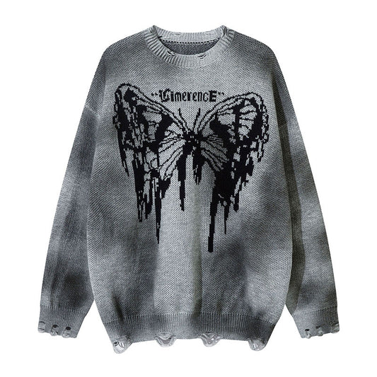 Spray-Paint Gradient Butterfly Jacquard Oversize Knit Sweater WN11437