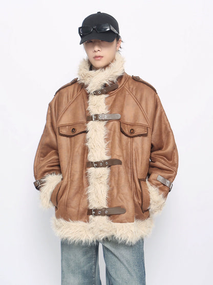 Fake Fur Neck PU Leather Quilting Jacket WN10908