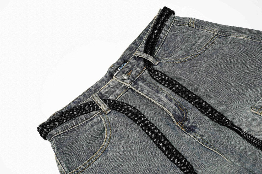 Gradient Multi-Pocket Drawstring Wide Leg Denim Jeans WN27828