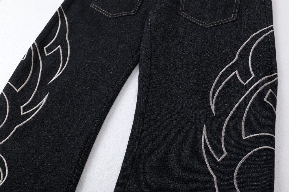 Flame Embroidery Wide Leg Raw Denim Jeans WN28071