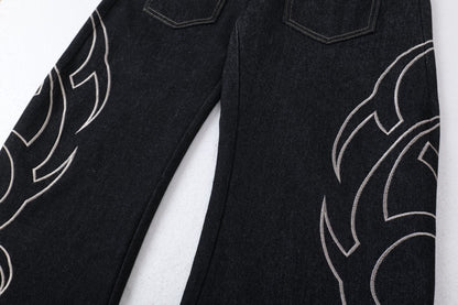 Flame Embroidery Wide Leg Raw Denim Jeans WN28071