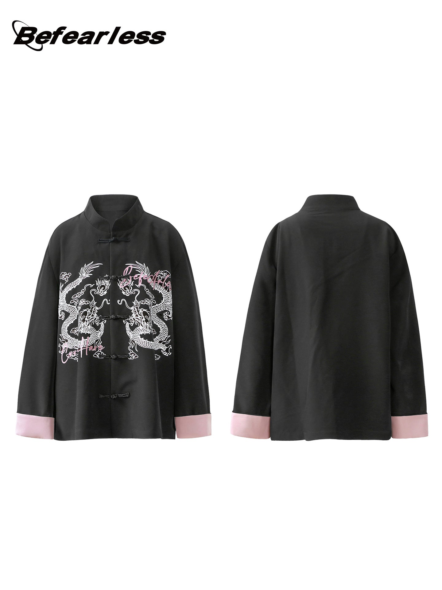 Frog-Button Color-Block Print Mandarin-Collar Oversize Long Sleeve Shirt WN26334