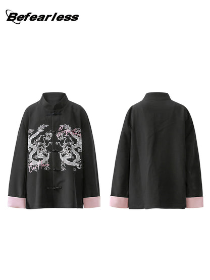 Frog-Button Color-Block Print Mandarin-Collar Oversize Long Sleeve Shirt WN26334