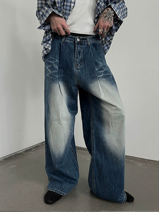 Washed Mid-High Waist Wide-Leg Straight Denim Jeans WN10775