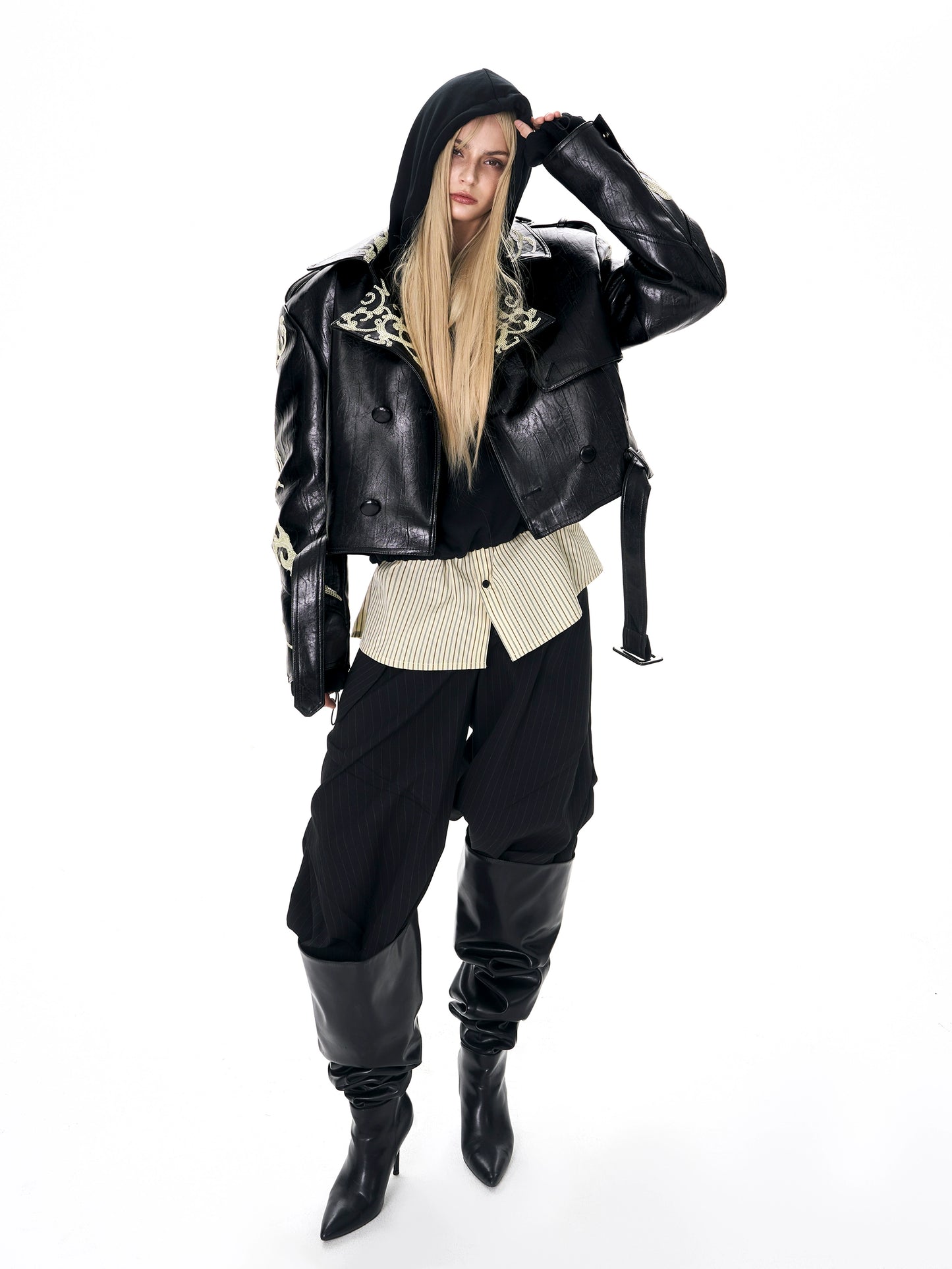 Punchy Sequin Short PU Leather Jacket WN21965