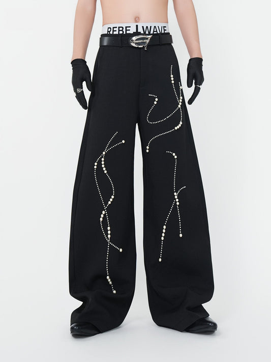 Wrinkle Beaded Draped Curved Wide Leg Trousers WN24146