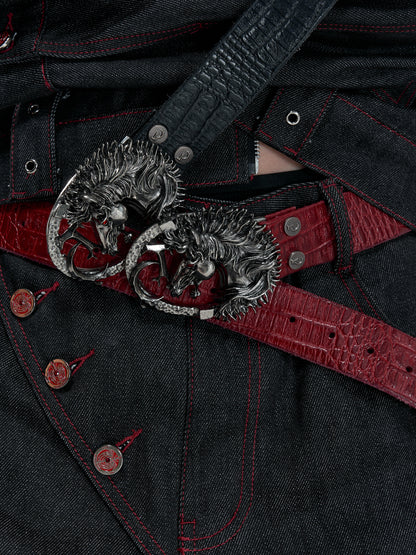 Crocodile Pattern Antique Horse Head Leather Belt WN23334