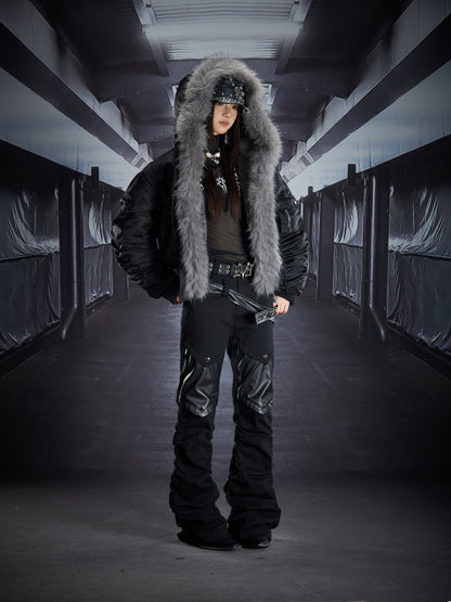 Metal Detail PU Leather Stretch Flare Denim Jeans WN22790