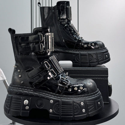 Patent Strap Buckle Studs Platform Short Boots WN24674