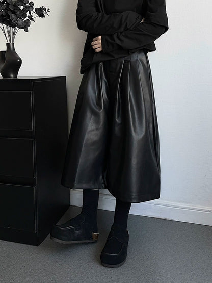 PU Leather Wide Leg Half Pants WN19365