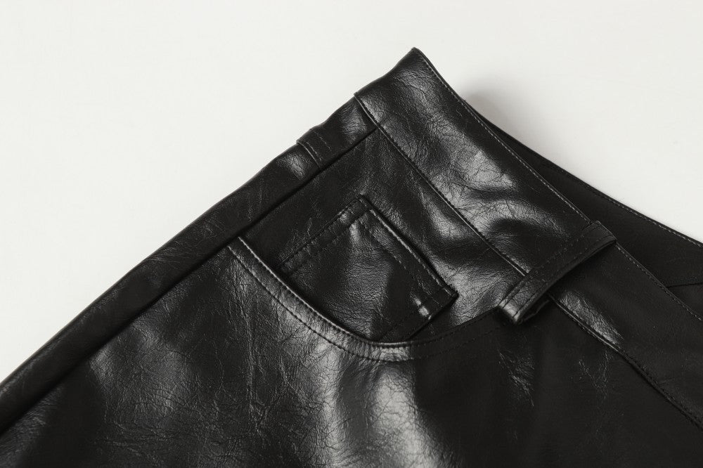 Shoulder-Pad Spider Web PU Leather Jacket Wide Leg Pants Setup WN27913