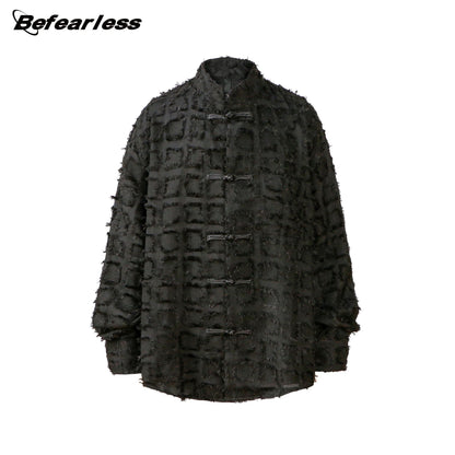 Jacquard High-Neck Frog-Button Oversize Long Sleeve Shirt WN26311