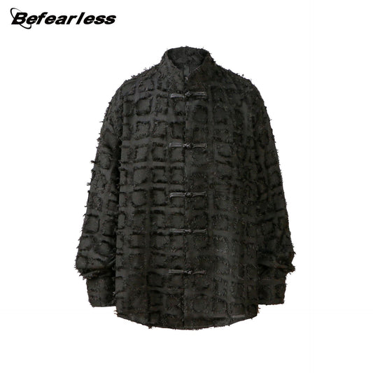 Jacquard High-Neck Frog-Button Oversize Long Sleeve Shirt WN26311