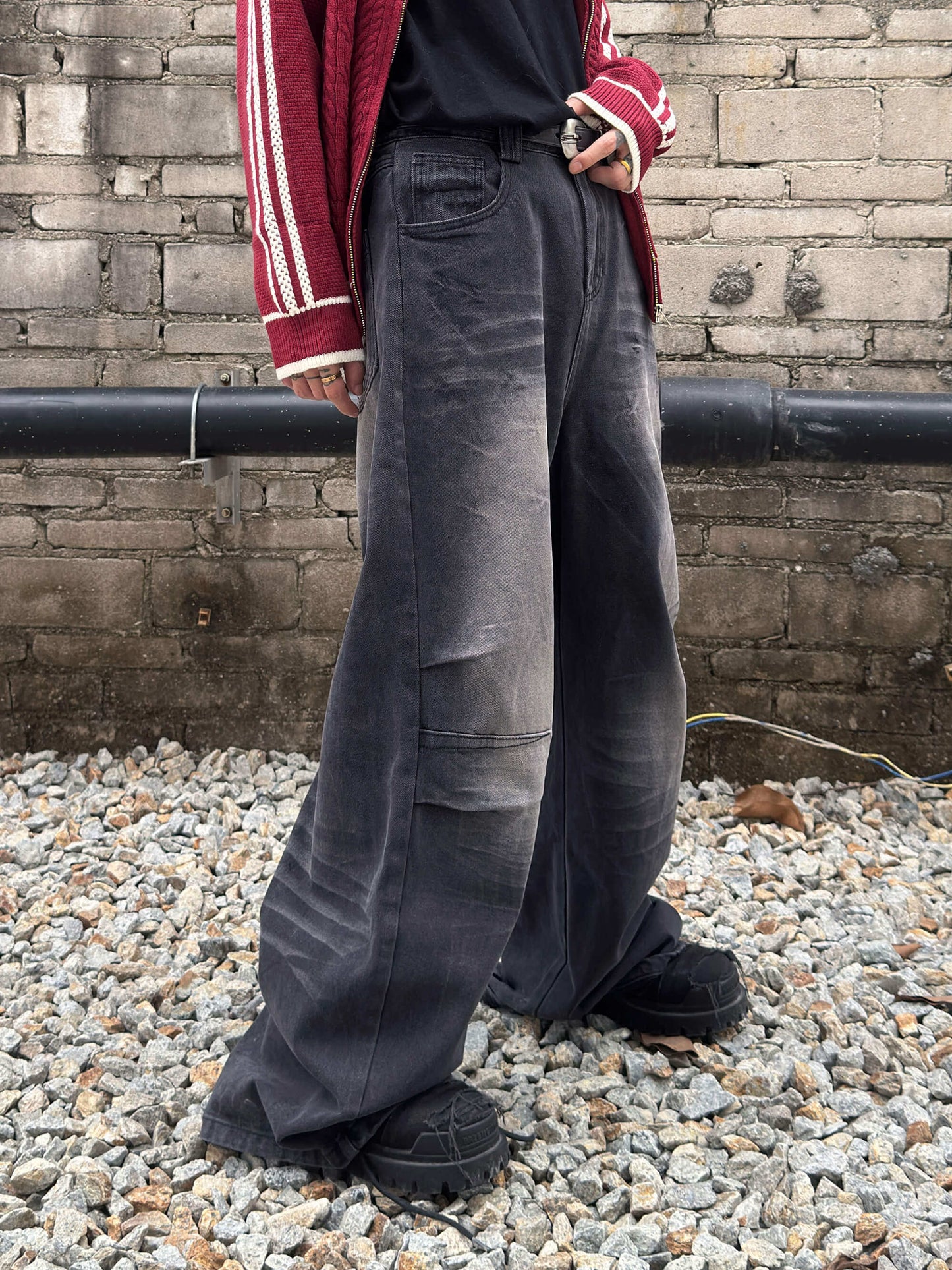 Heavyweight Wash Pleats Flare Denim Jeans WN22995