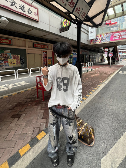 Damage Number Print Washed Long Sleeve T-Shirt WN24090