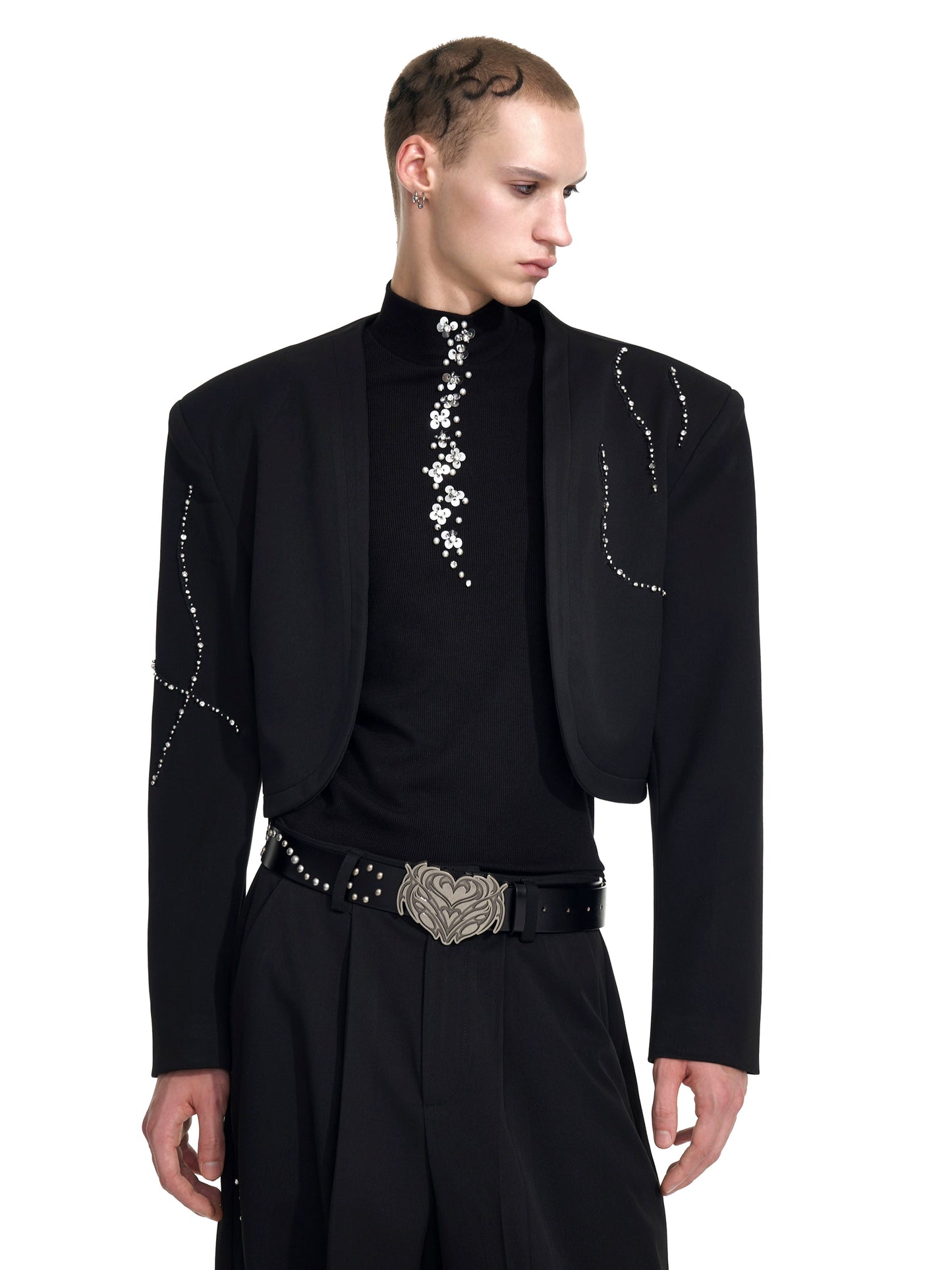 Collarless Shoulder-Pad Rhinestone Tailored Jacket & Rhinestone Trousers Setup WN20924