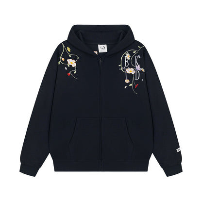 Floral Embroider Heavyweight Oversize Zipper Hoodie WN111417