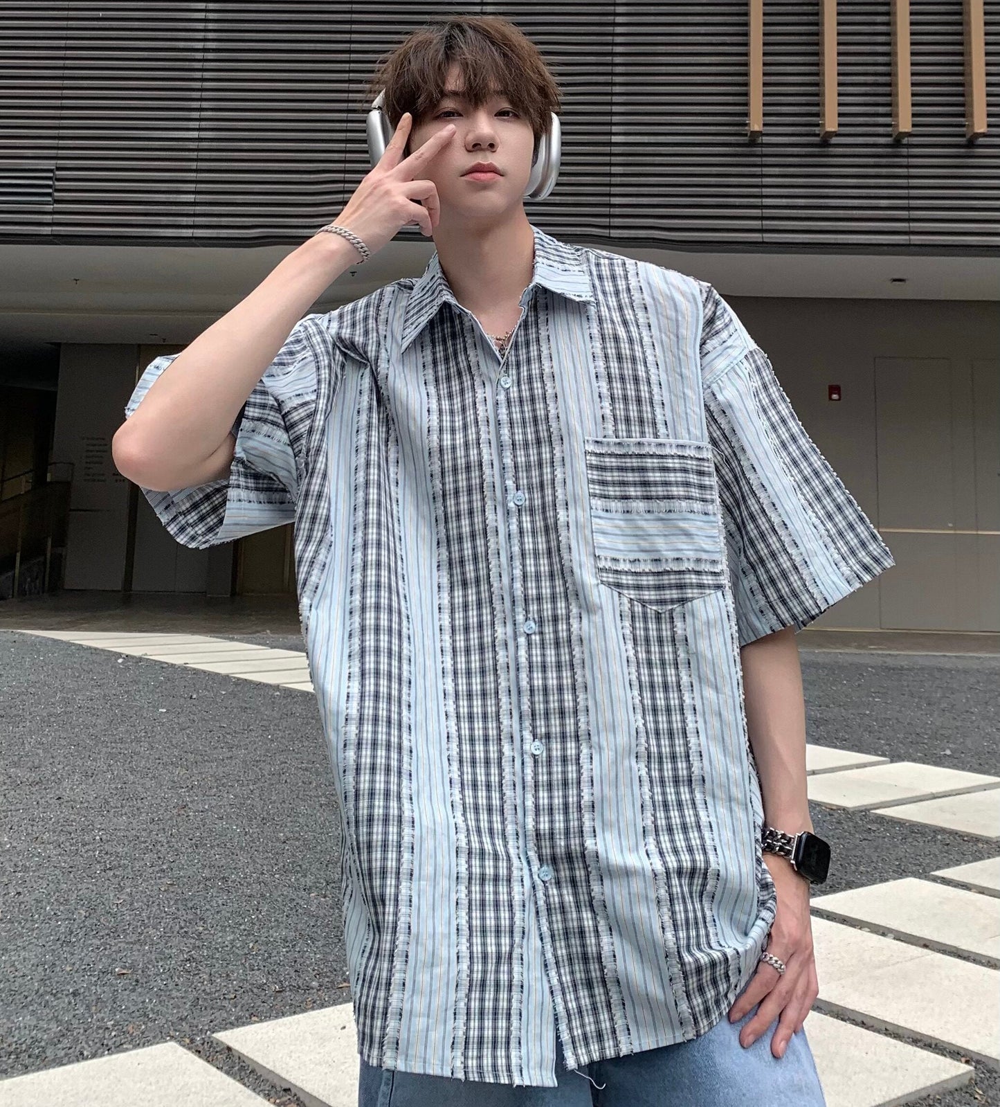 Stripe Patchwork Plaid Fringe Trim Oversize Short Sleeve Shirt WN25339