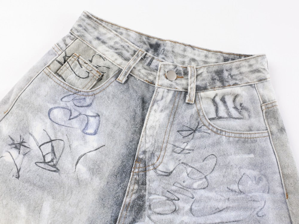 Print Graffiti Wide Leg Denim Jeans WN27844