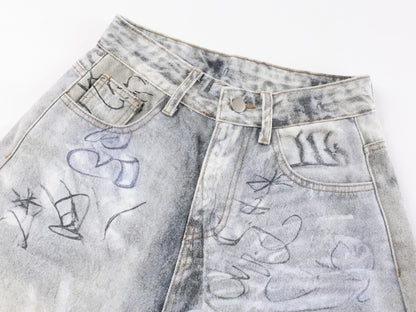 Print Graffiti Wide Leg Denim Jeans WN27844