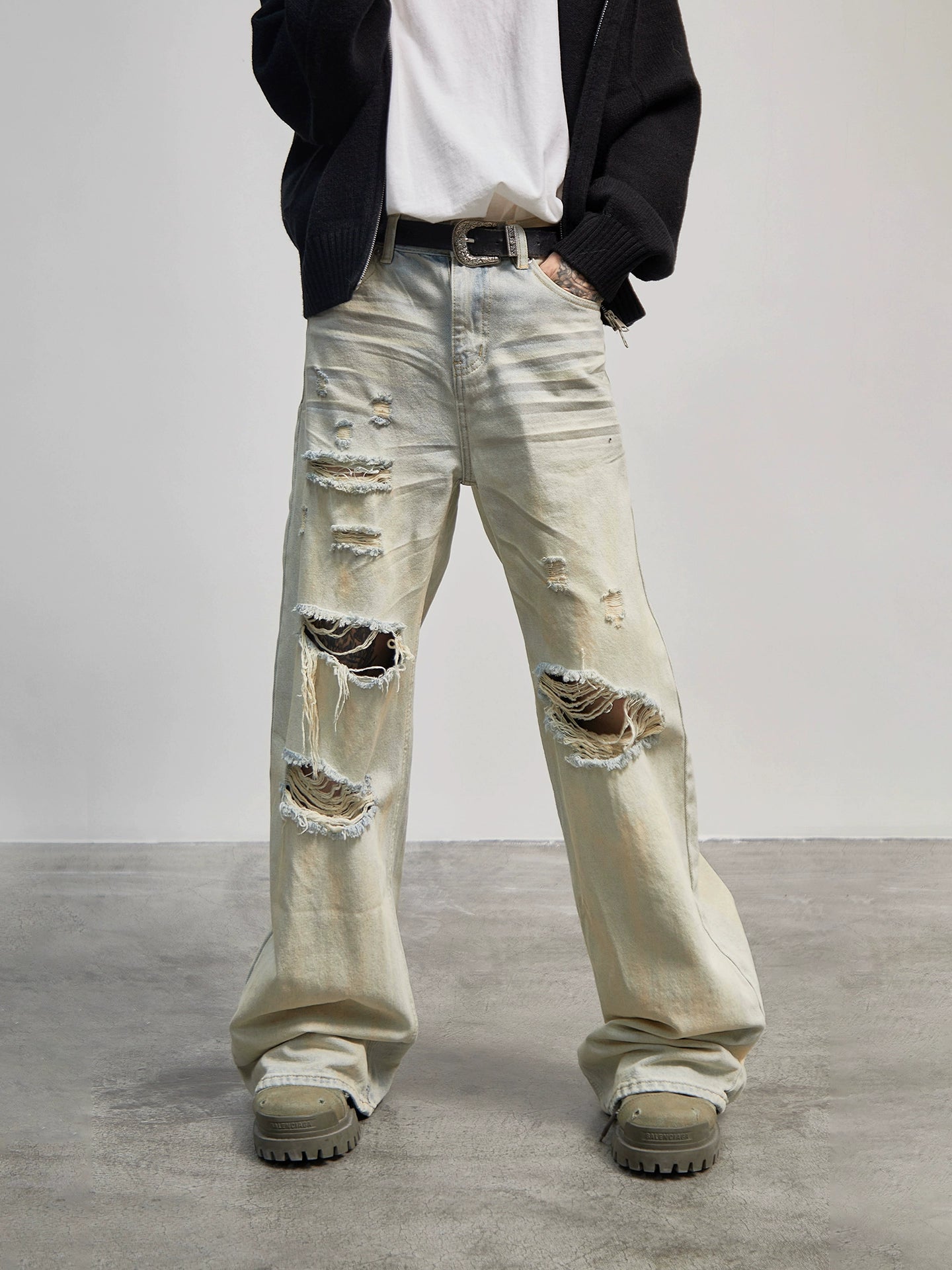 Hole Damage Pleats Straight Wide Leg Denim Jeans WN21175