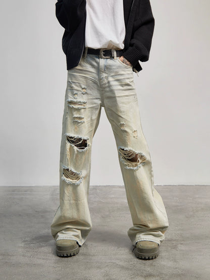 Hole Damage Pleats Straight Wide Leg Denim Jeans WN21175