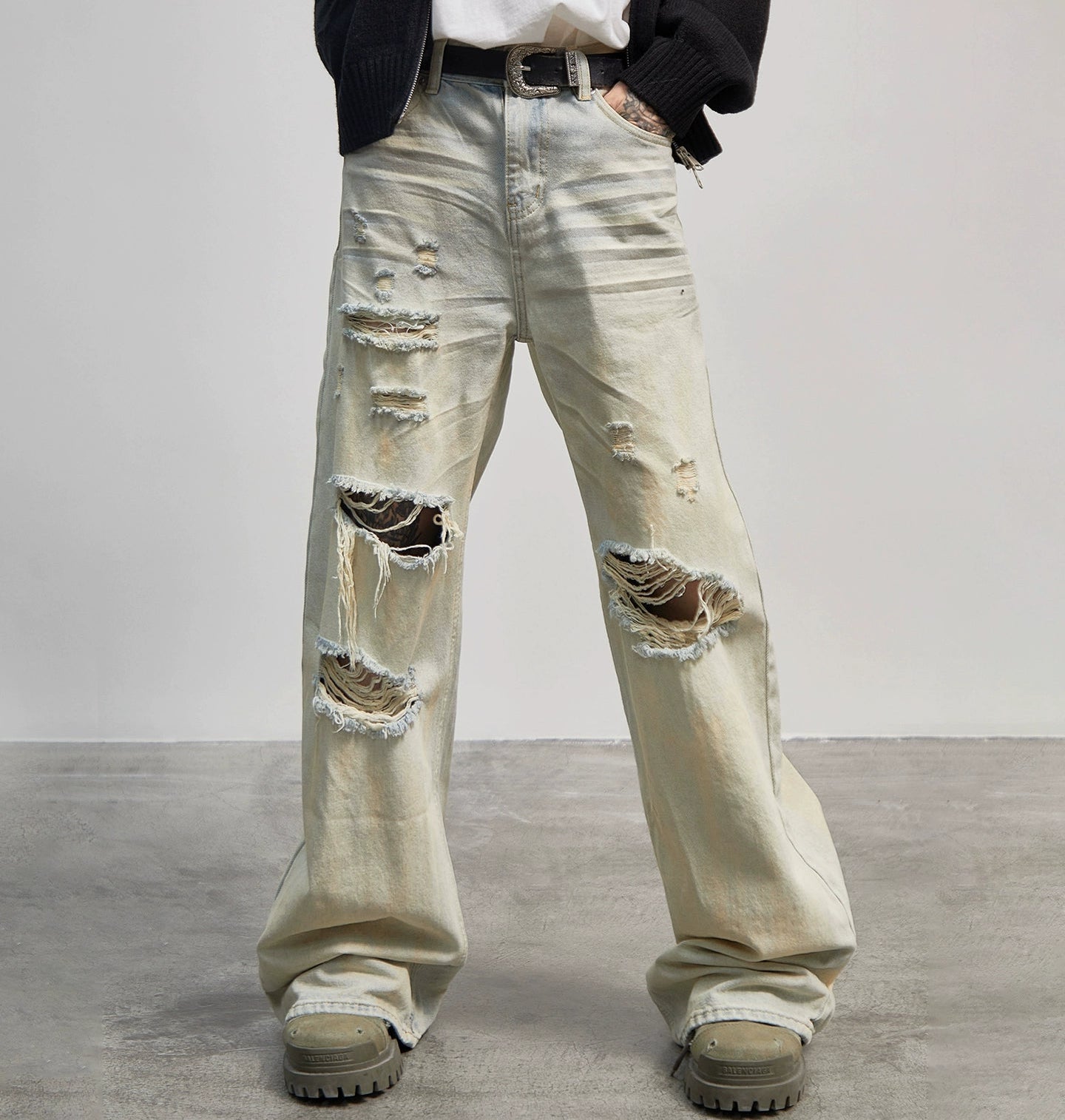 Hole Damage Pleats Straight Wide Leg Denim Jeans WN21175