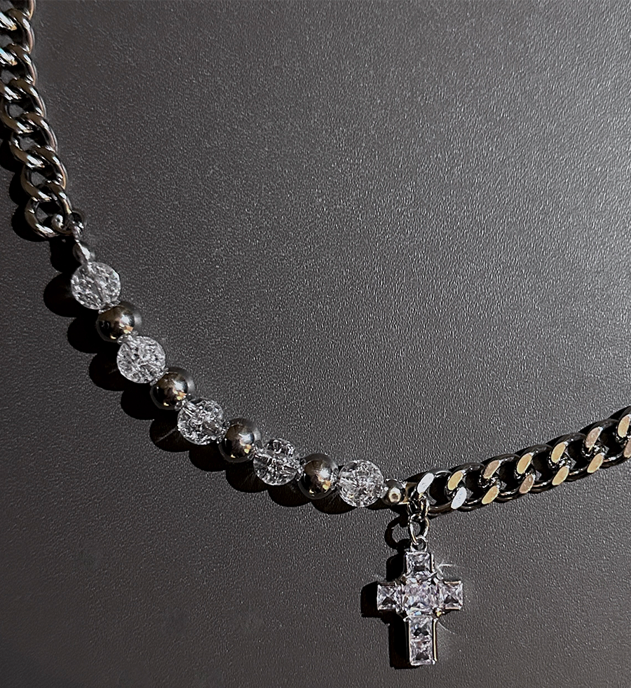 WN25227 JKSPACE original self-made steel ball pearl-inlaid brick cross-patch collarbone chain necklace ins, men's and women's couple pendants WN25227