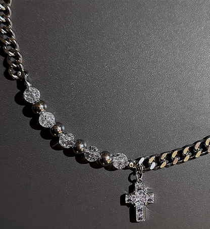 WN25227 JKSPACE original self-made steel ball pearl-inlaid brick cross-patch collarbone chain necklace ins, men's and women's couple pendants WN25227