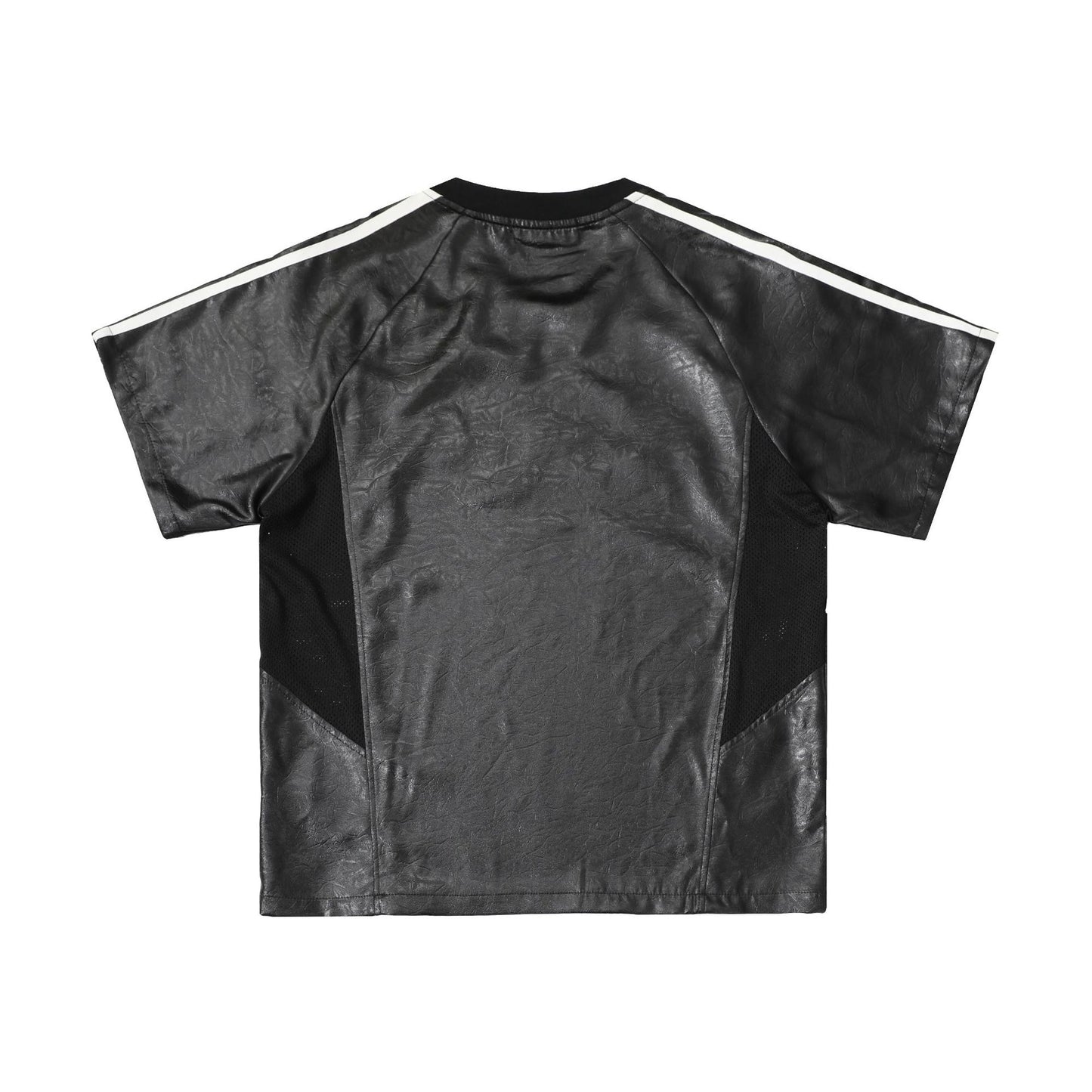 Chest Emblem PU Leather Stitching V-Neck Oversize Short Sleeve T-Shirt WN25655