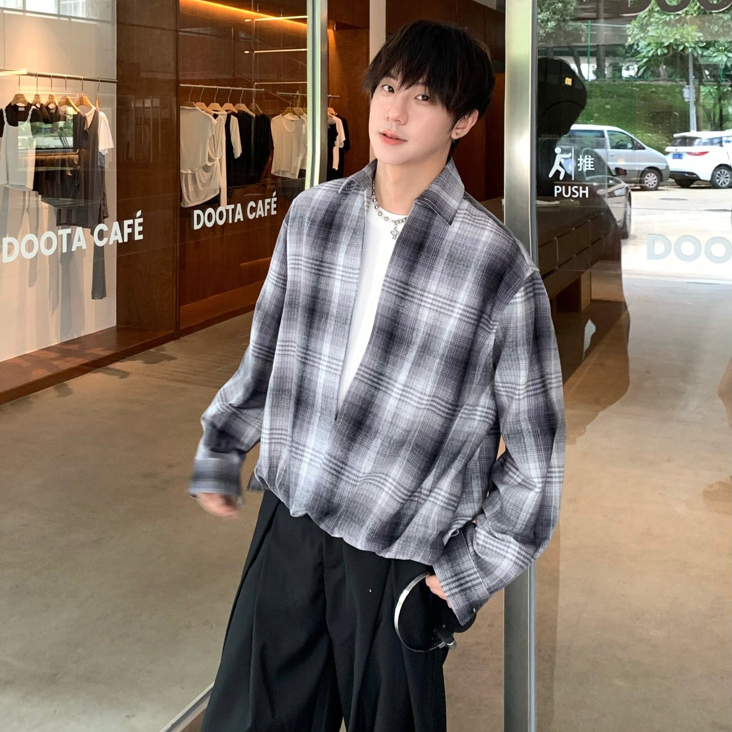 Fake Layered Patchwork Plaid Oversize Long Sleeve Shirt WN25260