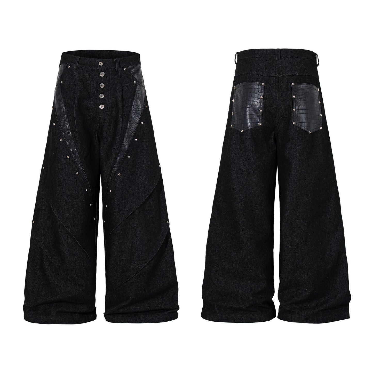 Studs PU Leather Panel Wide Leg Denim Jeans WN25799