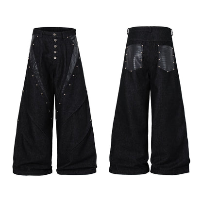Studs PU Leather Panel Wide Leg Denim Jeans WN25799