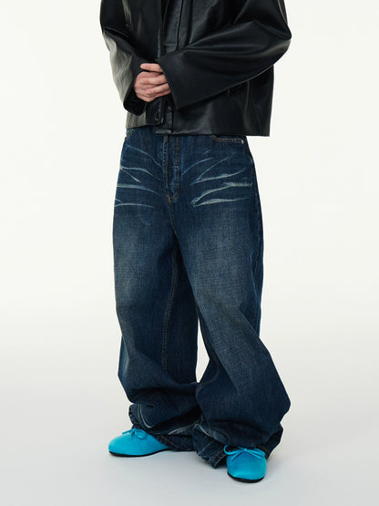 Washed Wave Pattern Wide Leg Baggy Denim Jeans WN16989