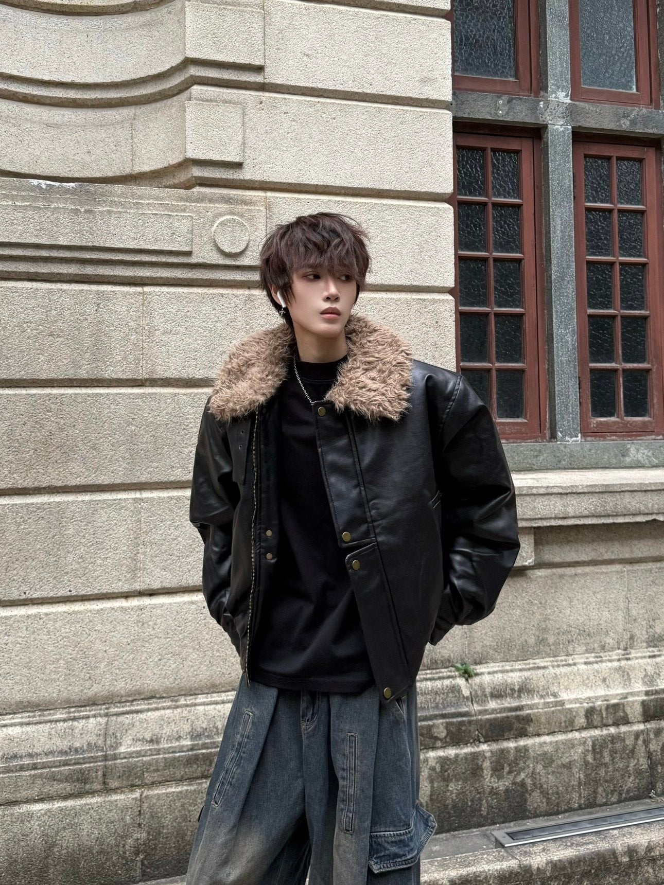 Fake Fur Collar Zip-Up PU Leather Jacket WN23146