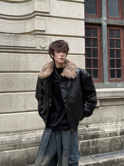 Fake Fur Collar Zip-Up PU Leather Jacket WN23146