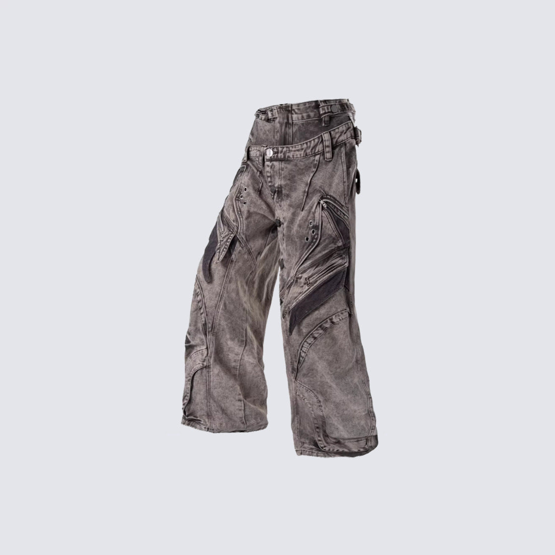 WN27973 Heavy-work distressed washed wide-leg jeans, asymmetrical waistband mesh patchwork, punk functional high street pants WN27973