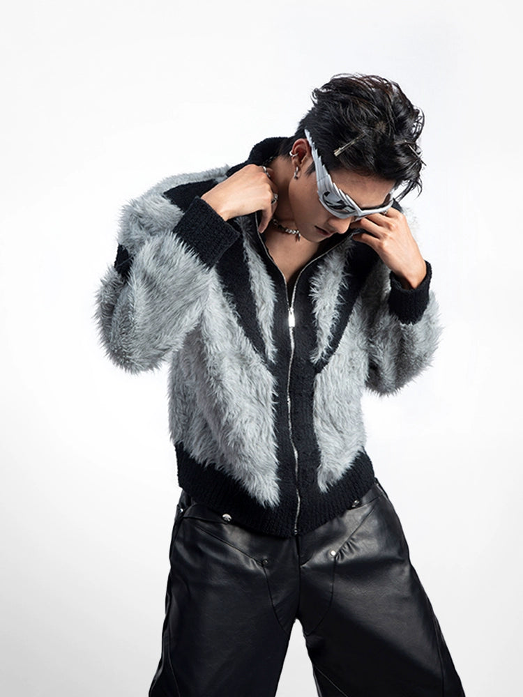 Fuzzy Patchwork Stand Neck Knit Cardigan WN20629