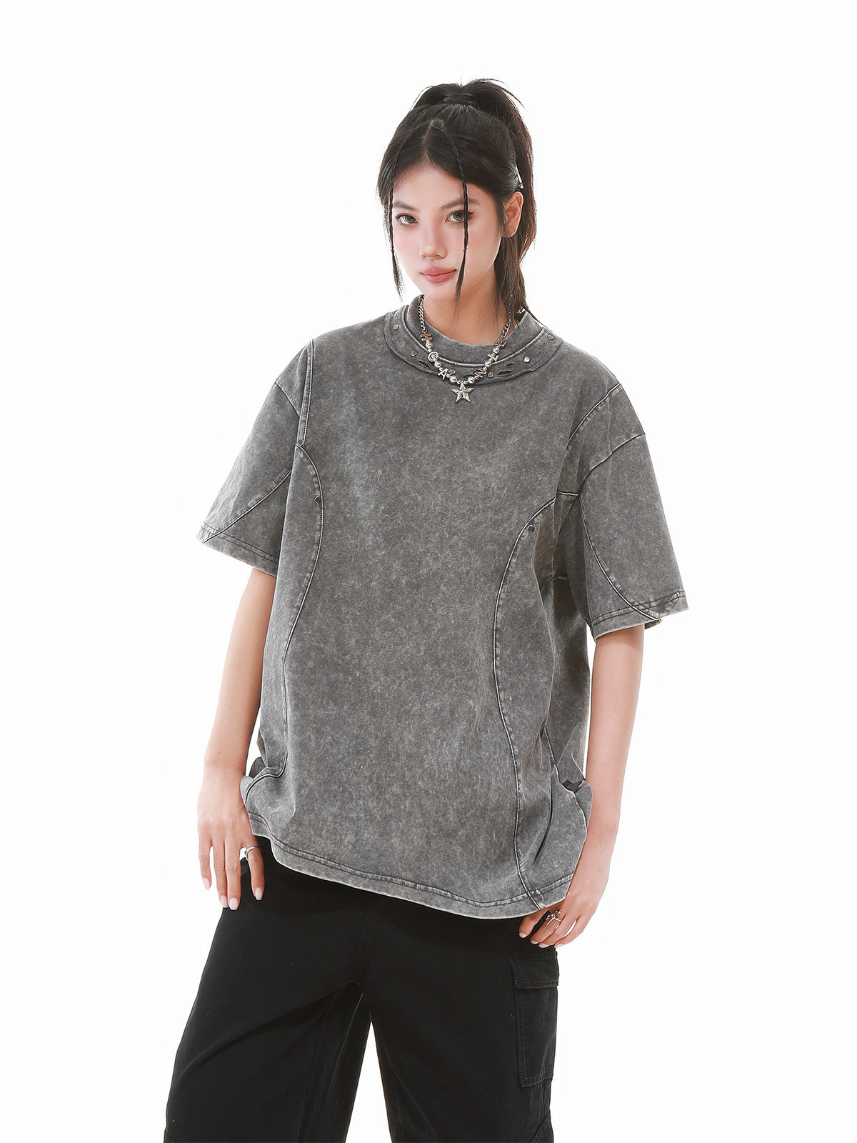 Heavy Washed Fade Stitching Short Sleeve T-Shirt WN25671