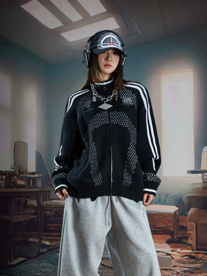 Contrast Stand Neck Zipper Knit Cardigan WN21373