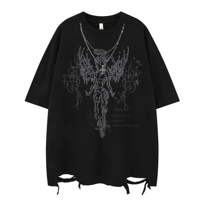 Necklace Print Damage Oversize Short Sleeve T-Shirt WN15052