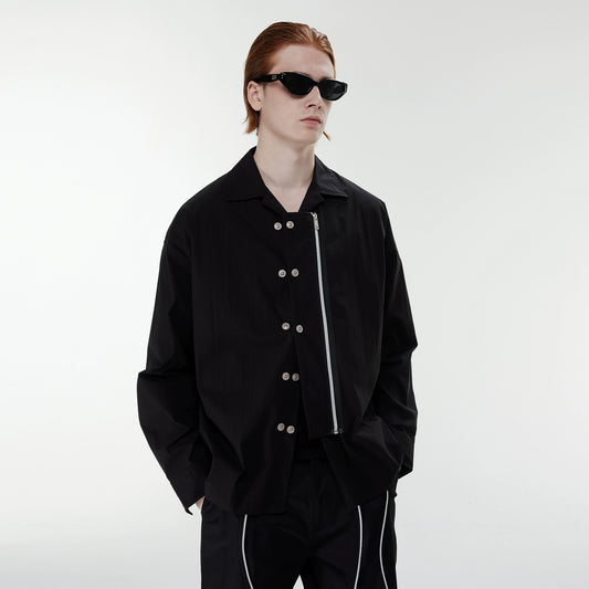 Double Button Zipper Design Oversize Turn-Down Collar Long Sleeve Shirt WN17554