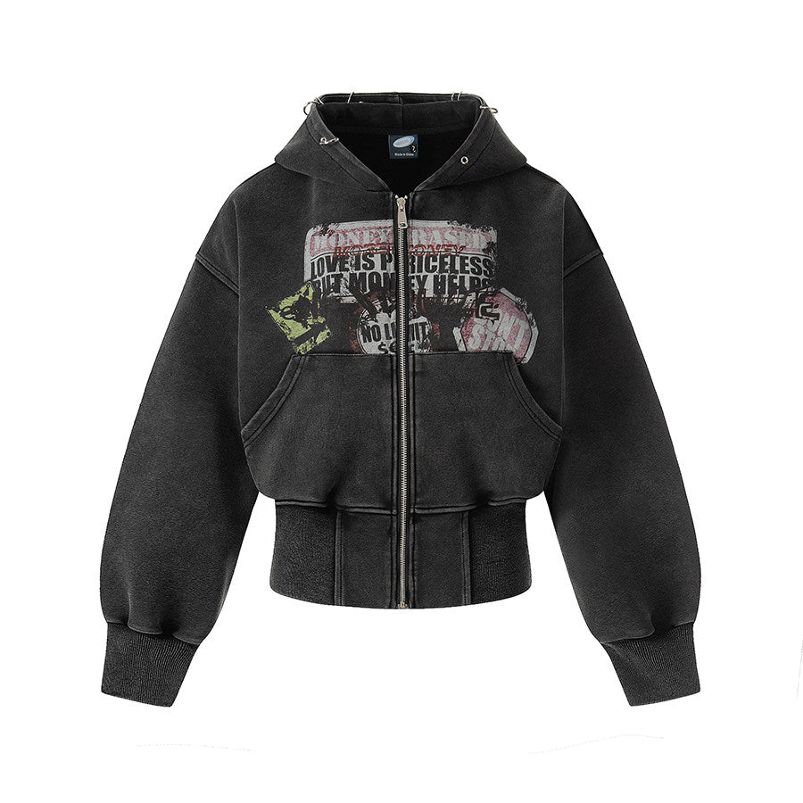 Cropped Washed Zip-Up Hoodie WN24189