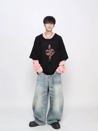Damage Hole Fake Layered Knit Sweater WN21043