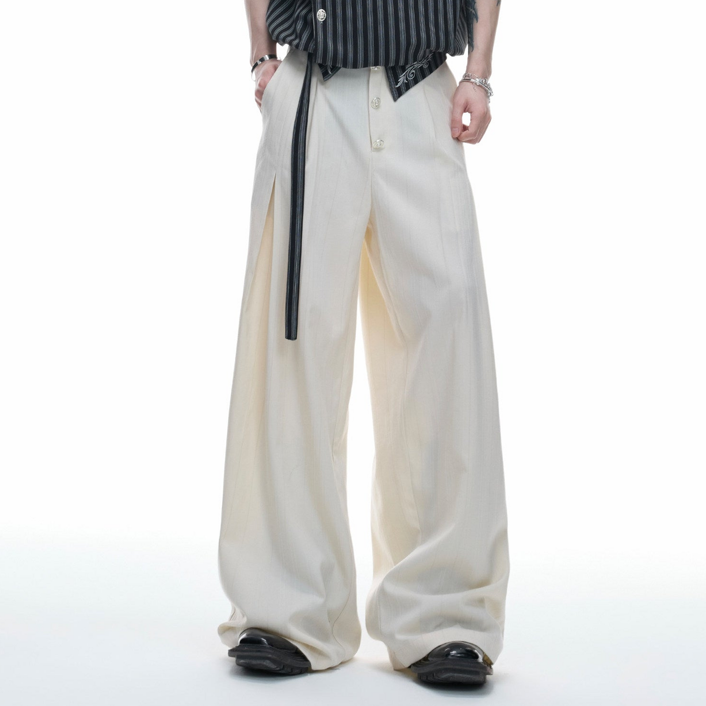 High-Waist Stripe Ribbon Wide Leg Pants WN27013