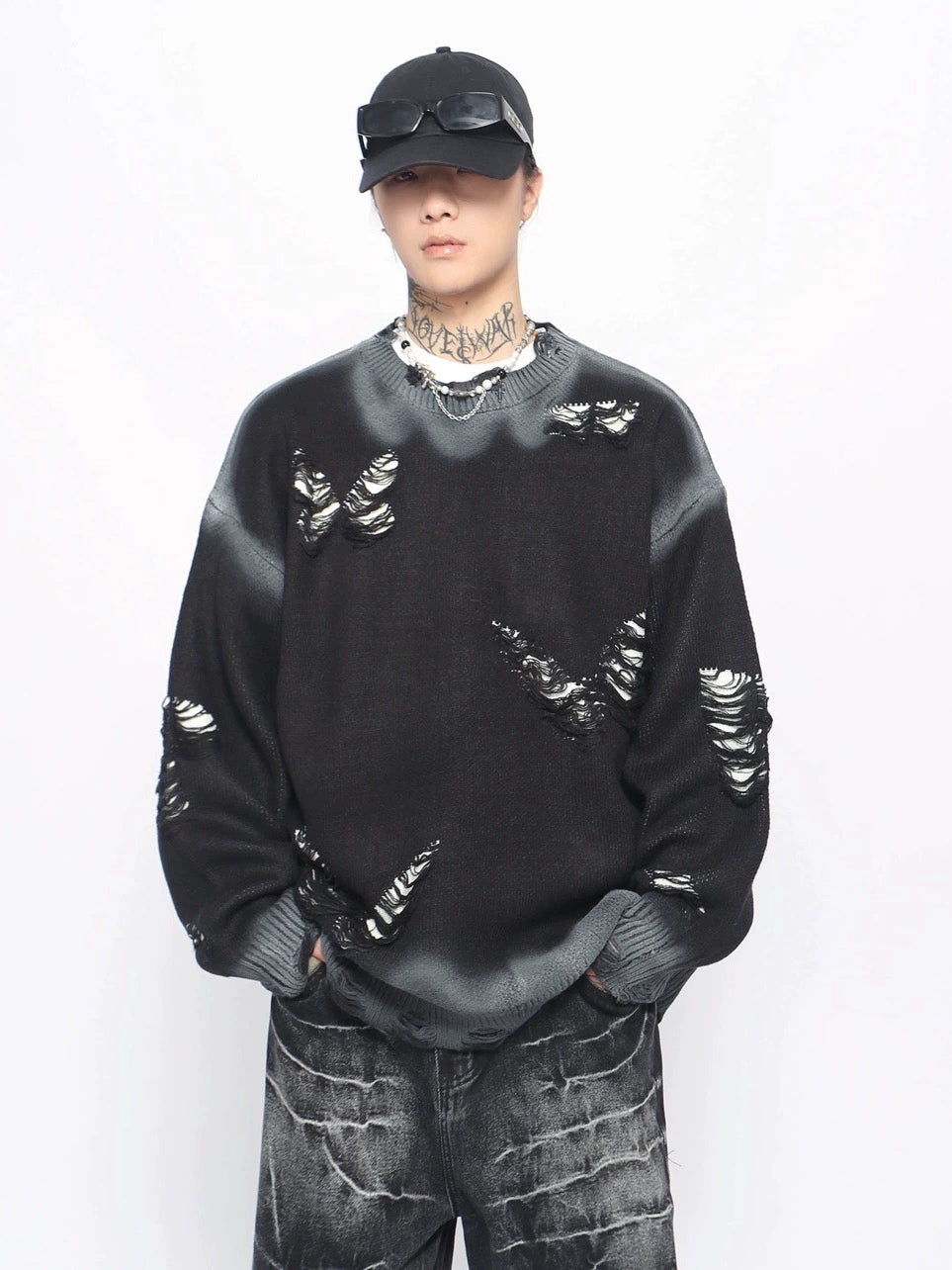 Paint-Splattered Damage Oversize Knit Sweater WN10897