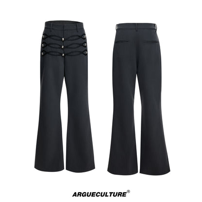 Leather Weave Metal Button Stripe Flare Trousers WN23556
