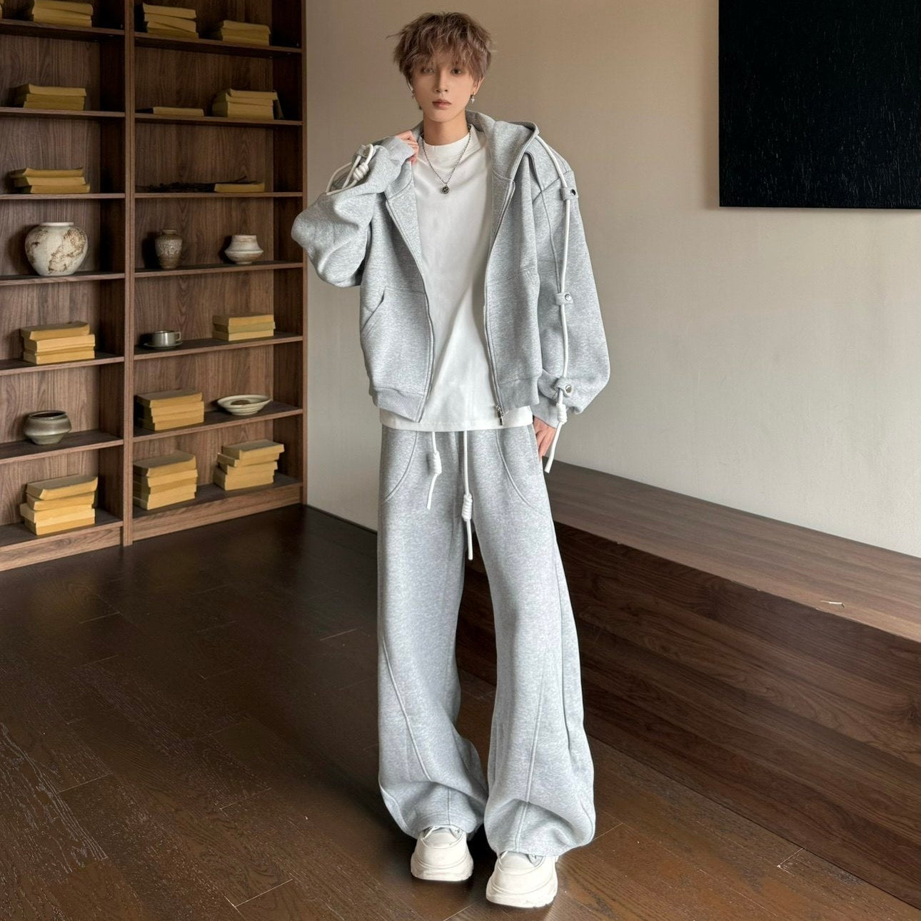 Drawstring Zipper Hoodie & Wide Leg Sweatpants Setup WN23181